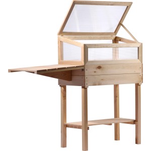 Frühbeet Tisch mit Ablage (Größe M) aus Holz mit geöffnetem Polycarbonat-Aufsatz und ausgeklapptem Tisch.