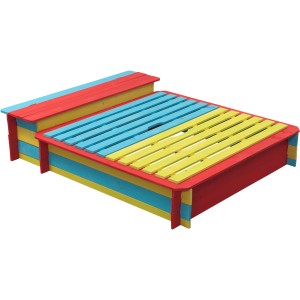 Bunter SwingKing Sandkasten Jade aus Holz mit Deckel und Staufach, 150x120 cm.