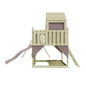 Holz-Spieltürm mit Rutsche und Schaukel in Altrosa. Ideal für Kinder ab 3 Jahren.