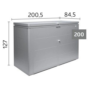 Dunkelgraue Biohort Gartenbox HighBoard 200 aus Metall mit Deckel, Doppeltüren und Maßen 200x127x84 cm. Abschließbare Universalbox.