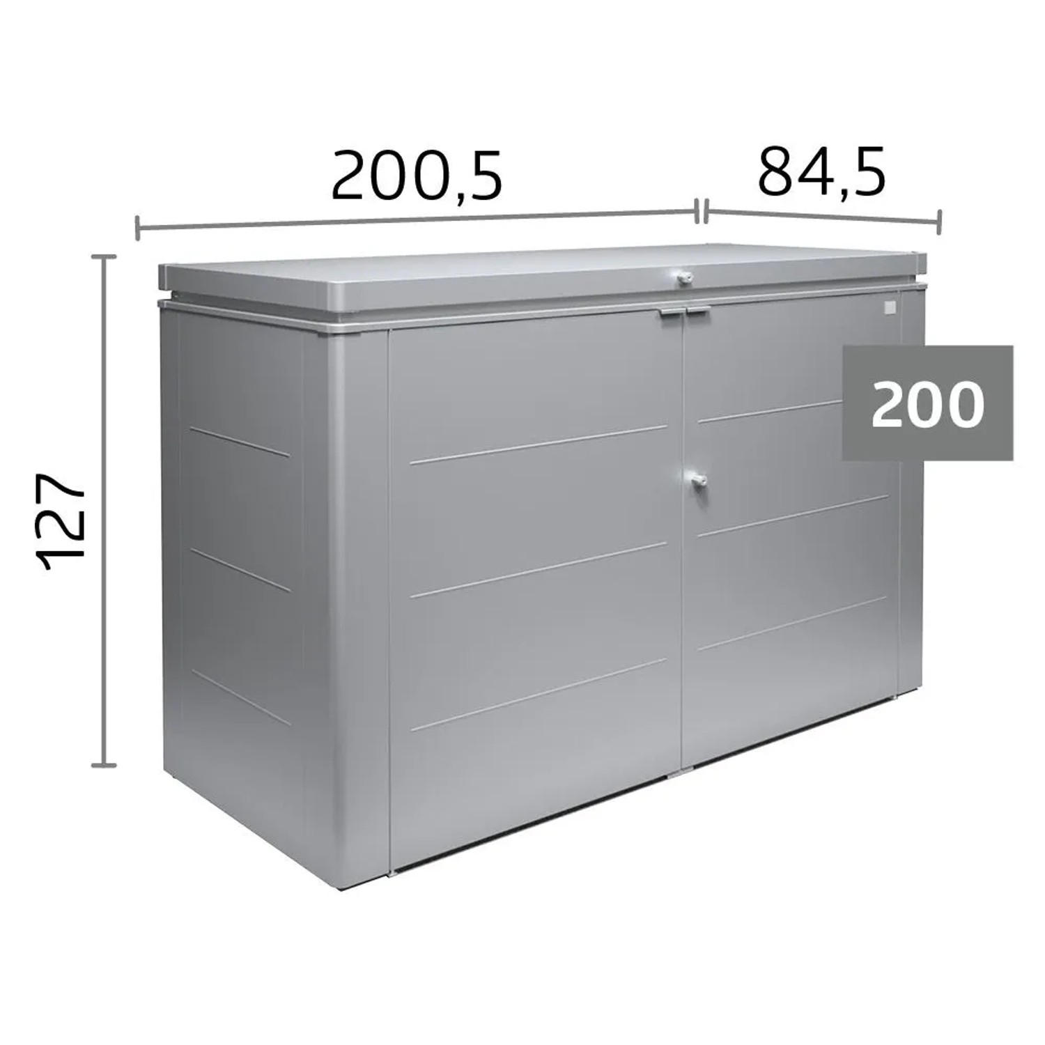 Dunkelgraue Biohort Gartenbox HighBoard 200 aus Metall mit Deckel, Doppeltüren und Maßen 200x127x84 cm. Abschließbare Universalbox.