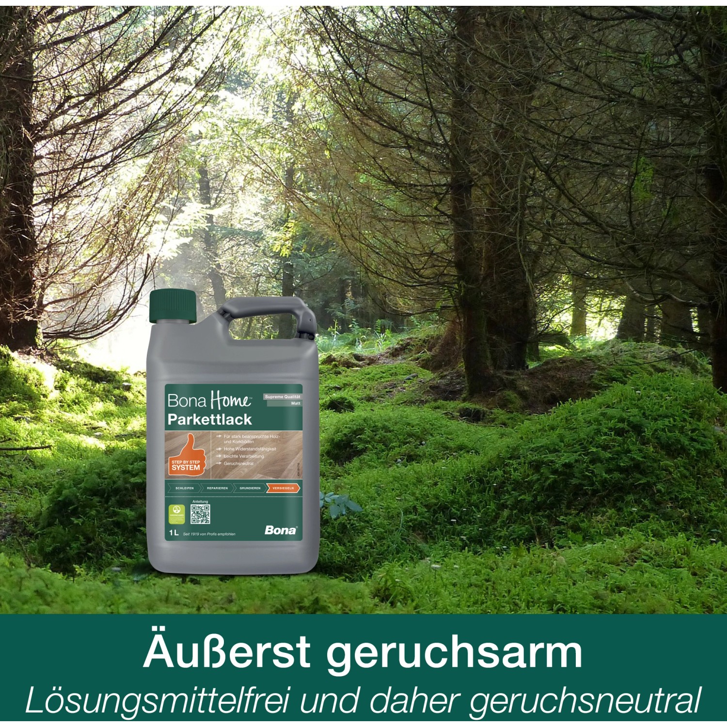 Bona Home Parkettlack Supreme, glänzend, 4 l Kanister vor Waldkulisse.