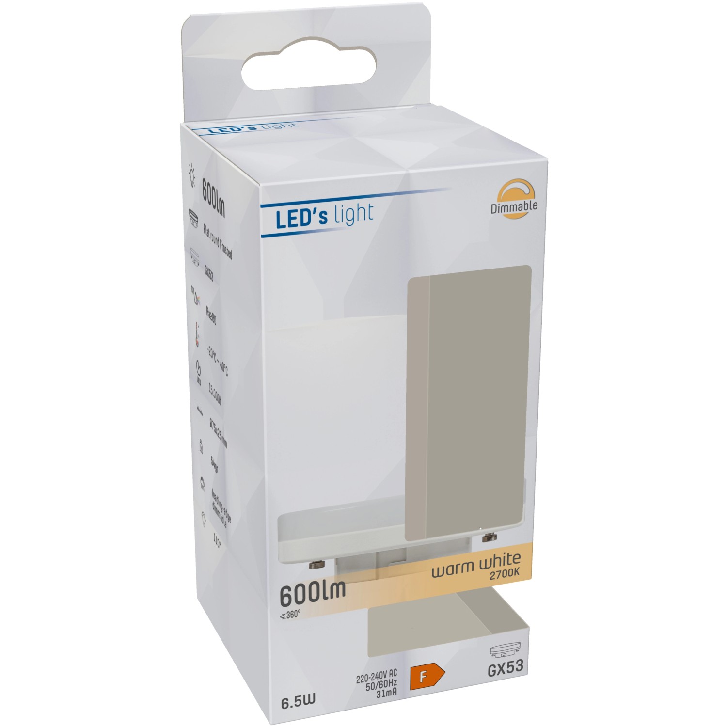 Verpackung einer dimmbaren GX53 LED Lampe mit 6,5 W für warmweißes Licht.