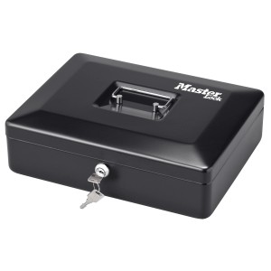 Schwarze Master Lock Geldkassette CB-12ML mit Schlüssel und Tragegriff, 5,91 l Fassungsvermögen.