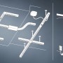 Skizze eines URail LED-Schienensystems in Weiß, flexible Lichtlösung für Deckenmontage.