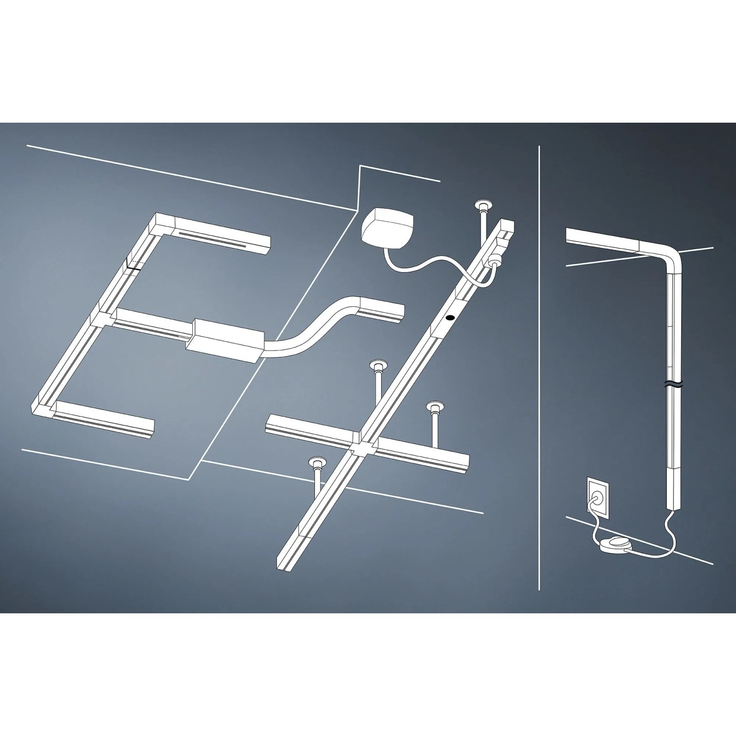 Skizze eines URail LED-Schienensystems in Weiß, flexible Lichtlösung für Deckenmontage.