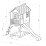 Detaillierte Skizze des Axi Sarah Spielhauses mit Rutsche, Sandkasten und Maßen.