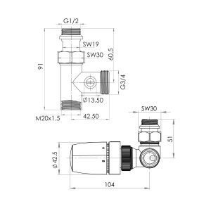 Technische Zeichnung: Schulte ExpressPlus Thermostat-Set Mischbetrieb, verchromt, Version rechts mit Maßen.