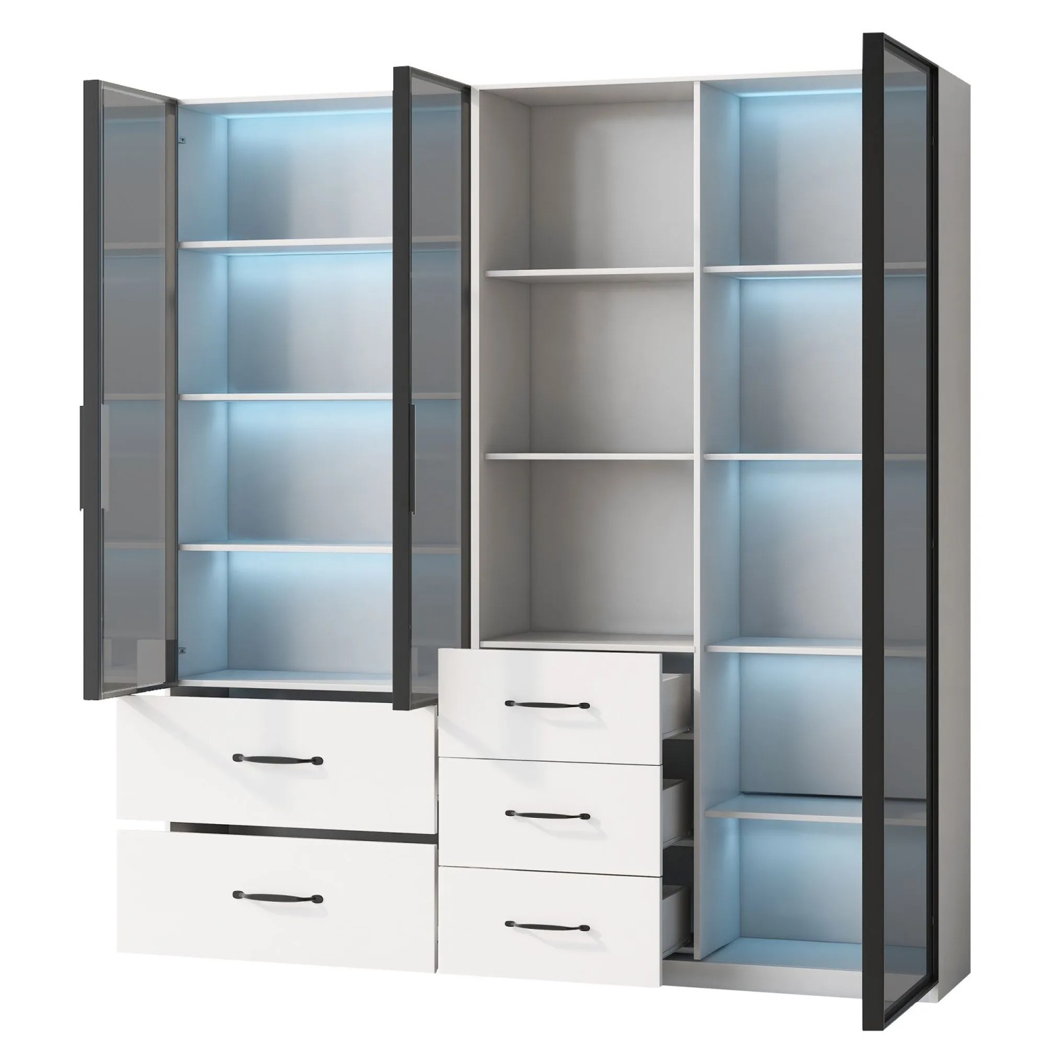 okwish Vitrine mit LED Glasfächern Bücherregal Wohnzimmer 140x40x160cm Weiß_8