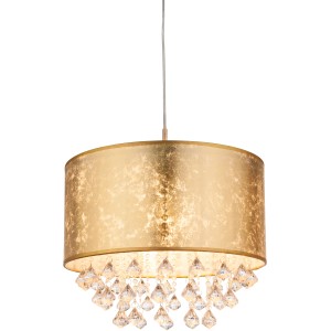 Globo Pendelleuchte AMY, Nickel matt, goldfarbener Textilschirm mit klaren Acrylkristallen.