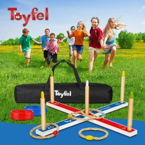 Toyfel Mitty Toss Wurfspiel XXL mit Holz-Kreuz, bunten Ringen und Tragetasche im Garten.