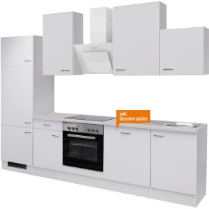 Weiße Flex-Well Classic Küchenzeile Wito 280 cm mit E-Geräten und Spüle.