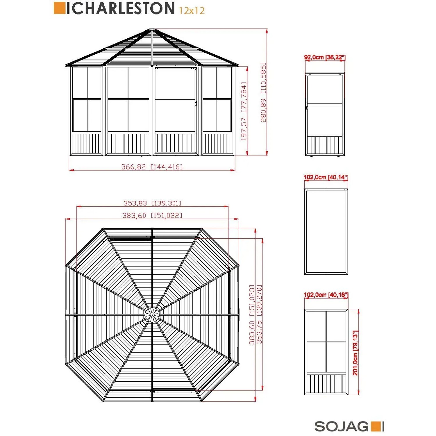 Technische Zeichnung Sojag Pavillon Charleston 384x384 cm mit Maßangaben.