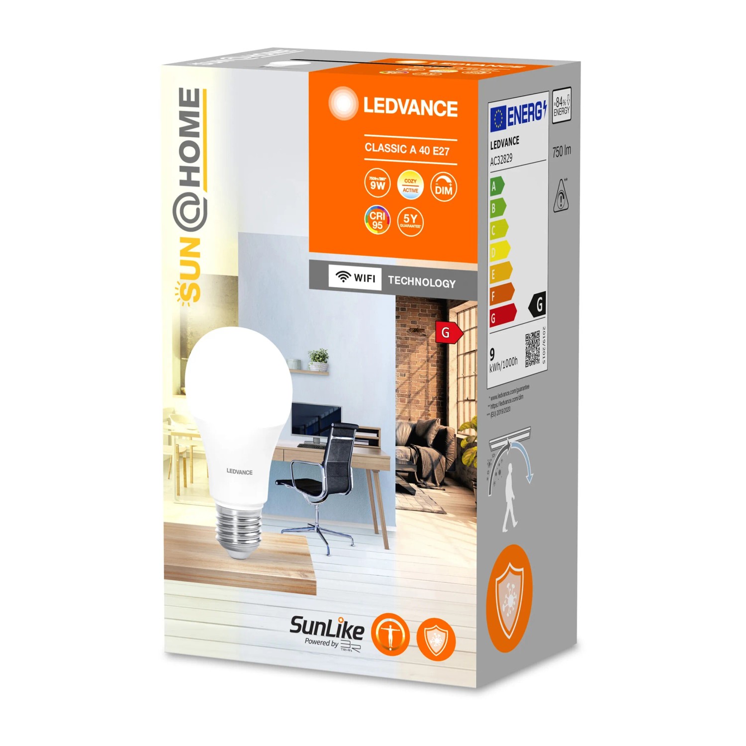 Verpackung einer Ledvance Sun@Home Smart+ LED Lampe in Glühlampenform, Ø 6 cm.