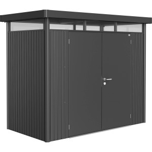 Biohort HighLine Gerätehaus, dunkelgrau-metallic, 3,5 m² mit Doppeltür. Metall-Geräteschuppen mit Flachdach.