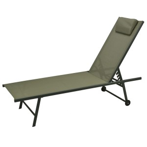 Khaki Lounge-Bett (185 cm) mit Stahlrahmen, verstellbar und mit Rollen für Garten & Terrasse.