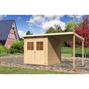 Karibu Holz-Gartenhaus Genf 3 mit Anbaudach, naturbelassen. Gartenhaus aus Holz mit Doppeltür und Fenstern.