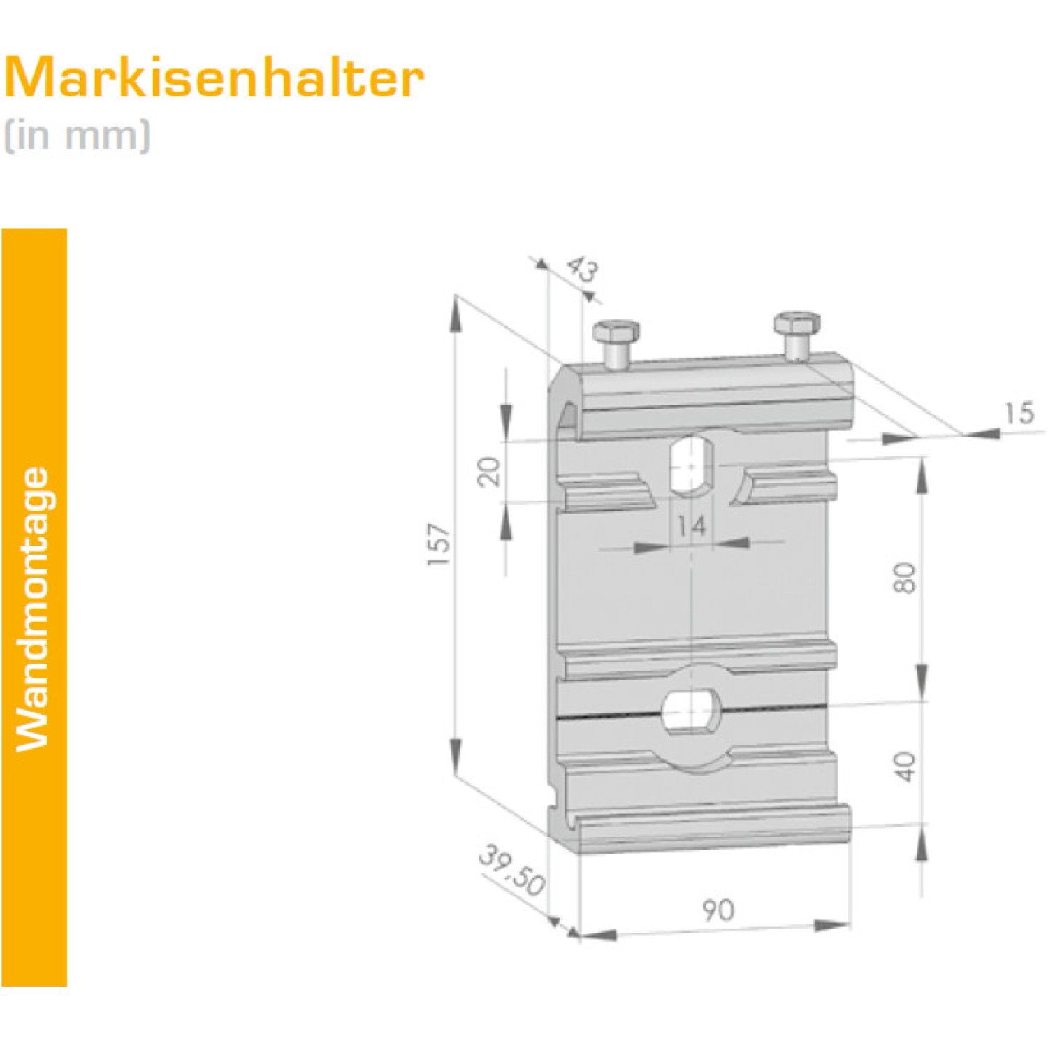 Technische Zeichnung: Markisenhalterung mit Maßangaben für Wandmontage.