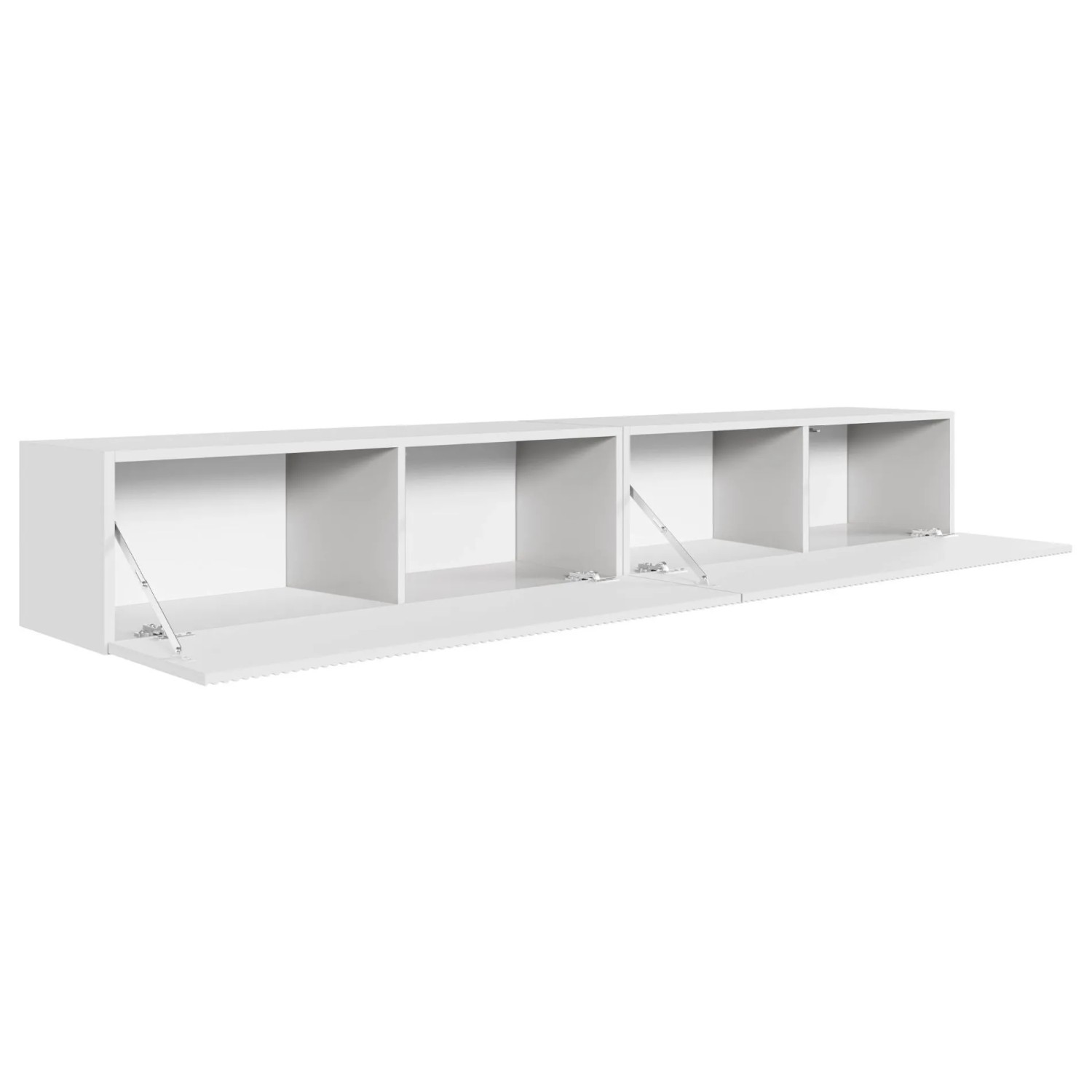 Weißes Selsey Veldio TV-Hängeboard, 200 cm, mit nach unten geöffneten Türen und vier Fächern.