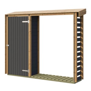 Weka Brennholzregal Killarney 250 cm in Anthrazit-Eiche mit abschließbarer Tür und Holzboden.