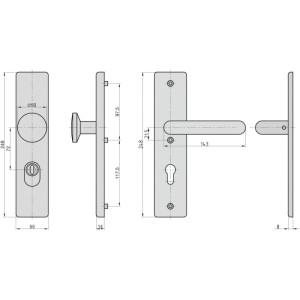 Technische Zeichnung: Basi Schutzbeschlag SB 7500 ES0 Edelstahl Wechsel Garnitur 72 8 mm mit Maßen.