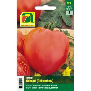 Austrosaat Tomate Oxheart Samenpackung mit herzförmigen, roten Fleischtomaten.