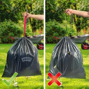 Swirl Profi Schwerlast-Abfallsack 120L mit Zugband, reißfest und tropfsicher, im Vergleich zu einem beschädigten Sack.