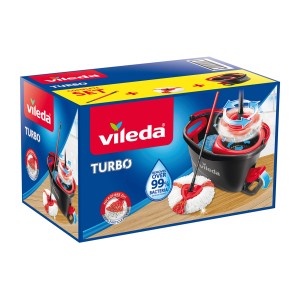 Vileda Turbo Easy Wring & Clean Wischmopp Komplett-Set im Karton, bestehend aus Eimer, Mopp und Stiel.