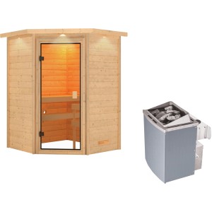 Woodfeeling Sauna Antonia mit Ofen und LED-Dachkranz. Massivholzsauna mit Glastür und Saunaofen.