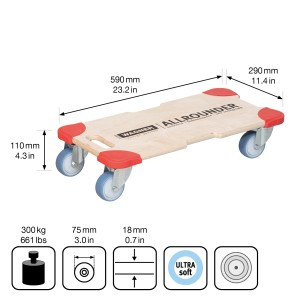 Wagner Transporthilfe Protection mit 4 Rollen, Tragkraft 400 kg, Holzbrett mit roten Eckenschützern.