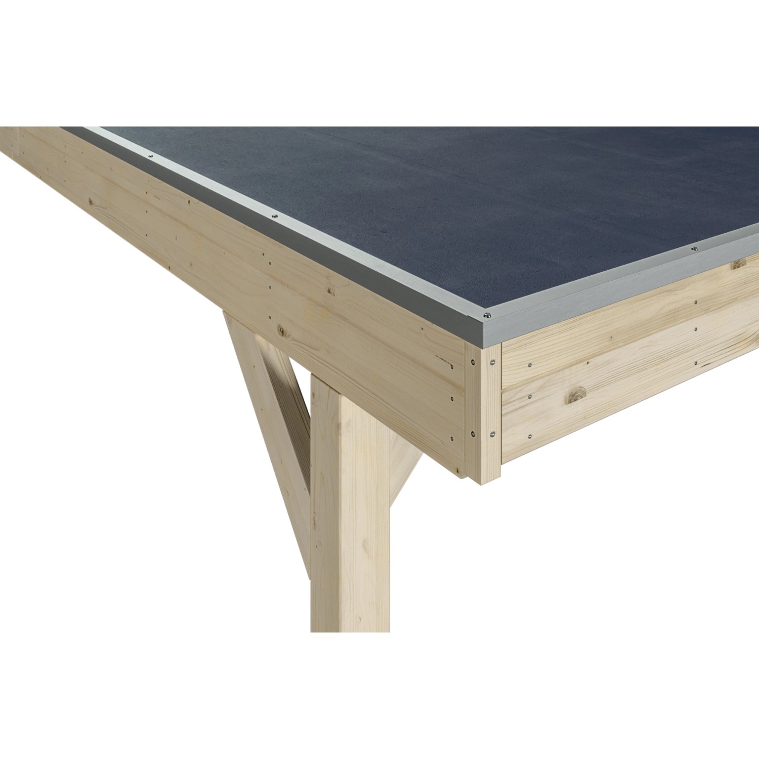 Detailansicht Skan Holz Carport Grunewald mit EPDM-Dach und unbehandelten Holzpfosten.