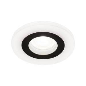 Runder Orion GU10 Einbaustrahler, weiß mit schwarzem Ring und leuchtendem Acrylring. Ideal für moderne Deckenbeleuchtung.