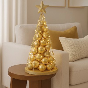 Goldfarbener Deko-Baum aus Metall, 60 cm, mit Kugeln und Stern für die Weihnachtsdekoration.
