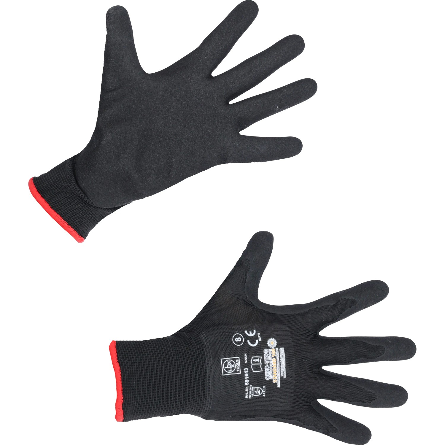 Schwarze LUX Arbeitshandschuhe Green Glove Gr. 9 mit rotem Saum, Handflächen nach oben.