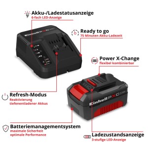 Einhell Power X-Change Starter-Kit mit 18V 4Ah Akku und Ladegerät. Schwarzes Set mit LED-Anzeigen und Batteriemanagement.