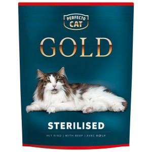 Verpackung Perfecto Katzen-Nassfutter Gold Sterilised mit Rind. Katzenfutter für sterilisierte Katzen.