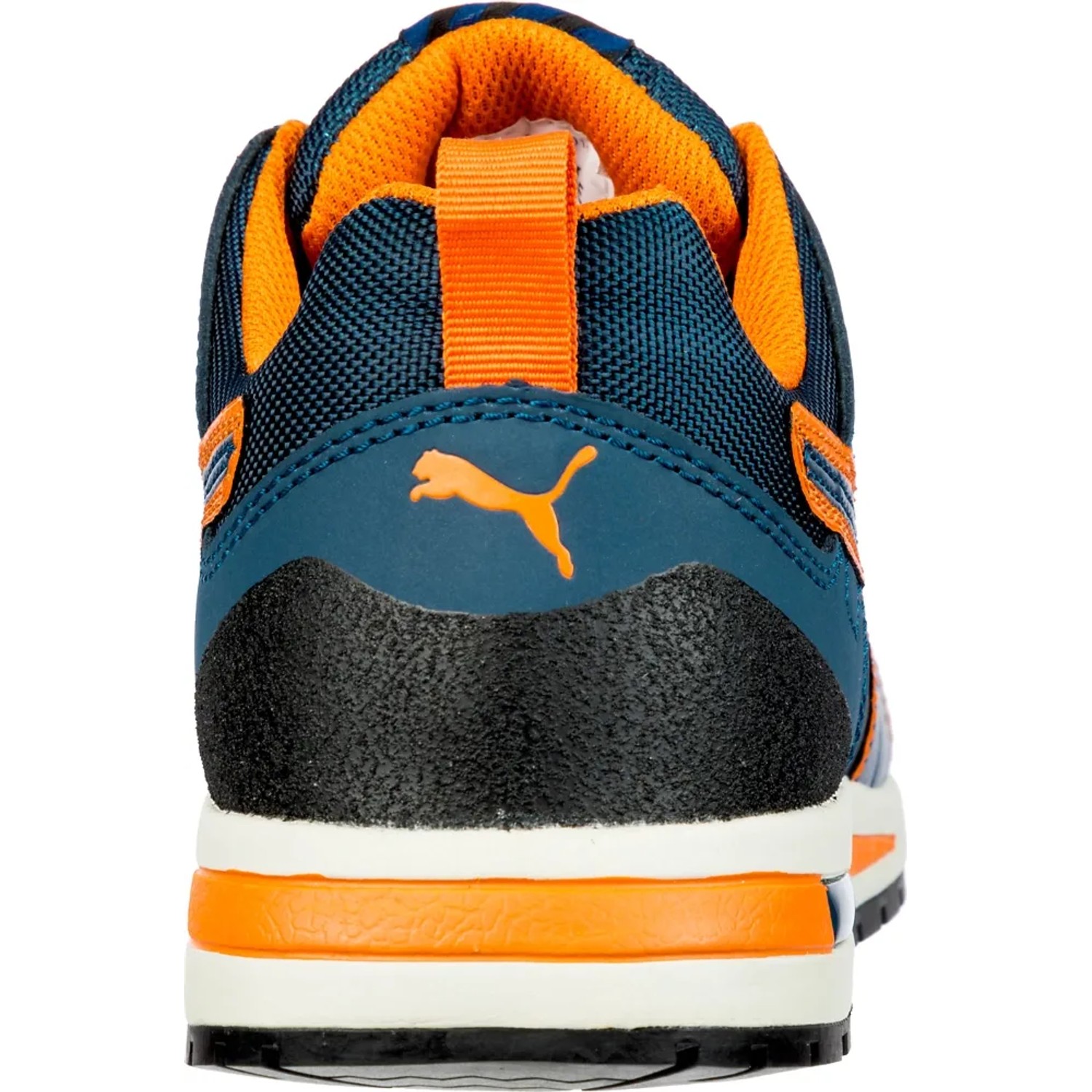 Rückansicht: Puma Safety Crosstwist Low S3 Sicherheitshalbschuh in Blau-Orange, Größe 43.