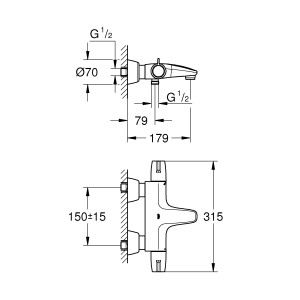 Technische Zeichnung Grohe Grohtherm Special Thermostat-Wannenbatterie in Chrom mit Maßangaben.
