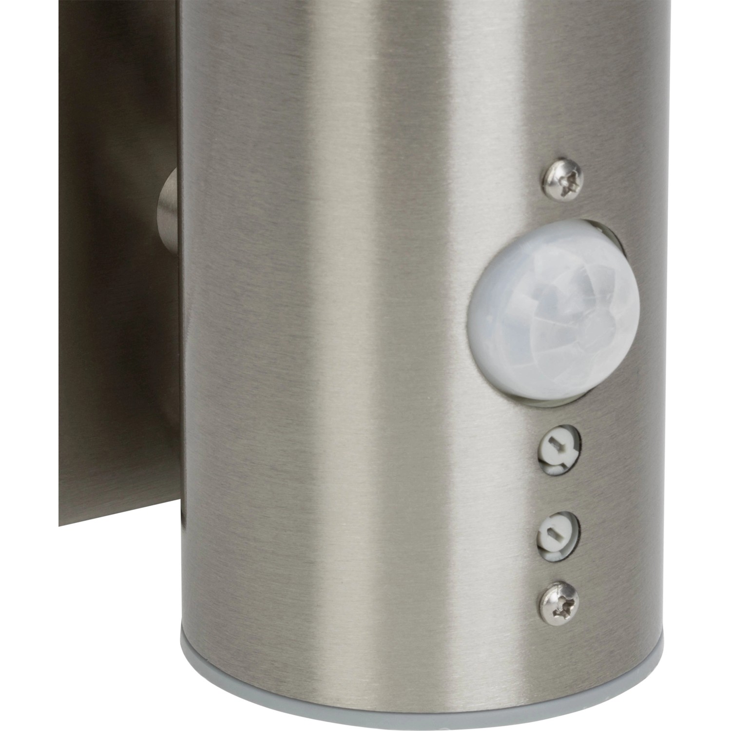 Detailaufnahme: Moderne LED-Außenwandleuchte Bergen in Edelstahloptik mit Bewegungsmelder.