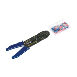 Kabelschuhklemmzange mit blauen Griffen und 30 Kabelschuhen im Set.