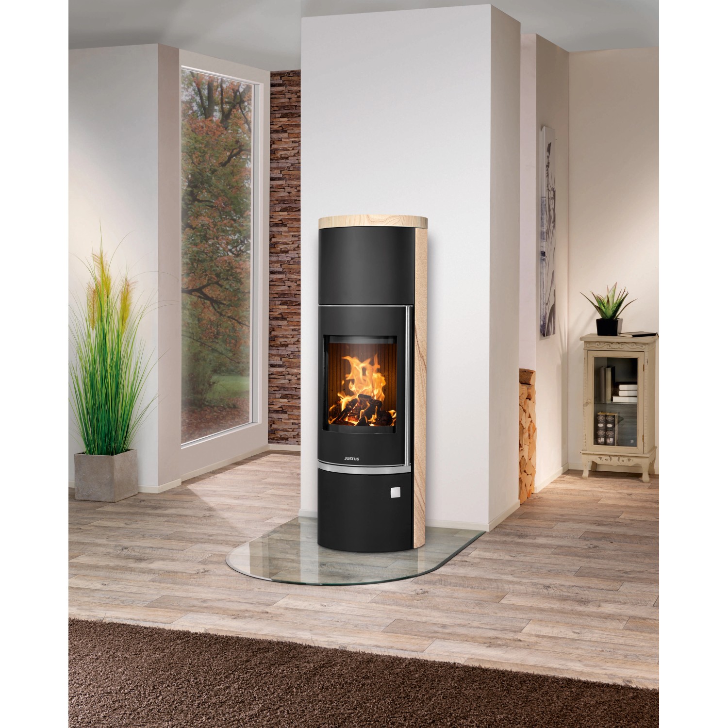 Justus Kaminofen Faro W+ 2.0, Stahl schwarz mit Sandstein Holzoptik, 7 kW, EEK: A+