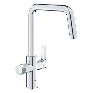 Grohe Blue Pure Start Einhebelmischer in Silber mit U-Auslauf für gefiltertes Wasser.