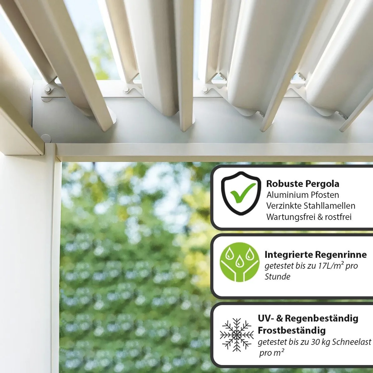 Weiße Weide Classic Aluminium Pergola mit verstellbaren Lamellen. Robuste, freistehende Konstruktion für Garten & Terrasse, wetterfest.