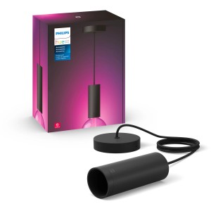 Philips Hue Lightguide Lampe mit schwarzer Textilkabel-Pendel in Zylinderform und Verpackung.