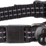 Schwarzes Jollypaw Katzenhalsband aus Nylon mit Reflektorstreifen, Adresslasche und Glöckchen.