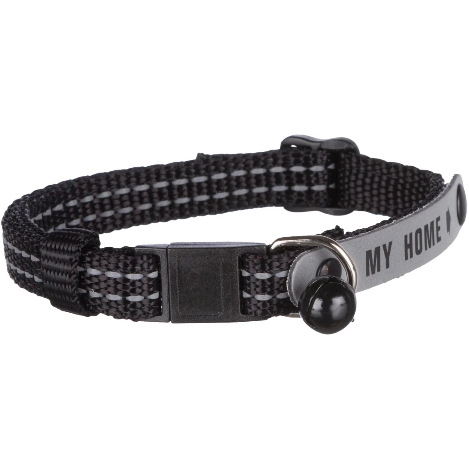 Schwarzes Jollypaw Katzenhalsband aus Nylon mit Reflektorstreifen, Adresslasche und Glöckchen.