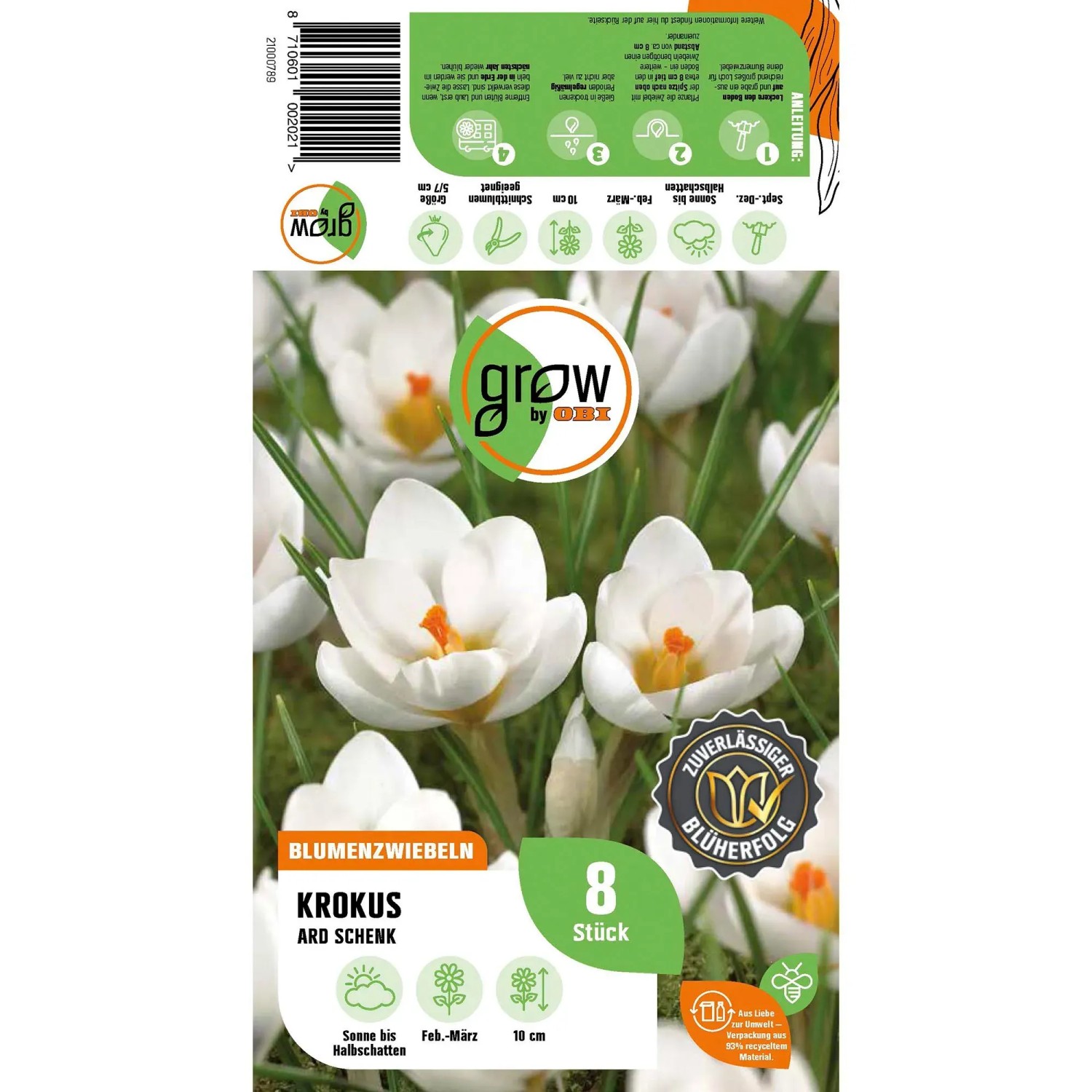 Verpackung mit 8 weißen Krokus Ard Schenk Blumenzwiebeln von GROW by OBI.