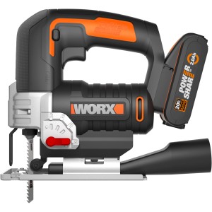 Worx 20 V Akku-Stichsäge WX543 mit 2 Ah Akku. Kompakte Bauform, variable Geschwindigkeit, Staubabsaugung.