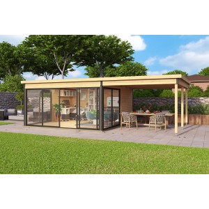 Lasita Maja Dachverlängerung Domeo 5 Natur, 300x418cm, als Anbau an ein Gartenhaus mit Sitzbereich.