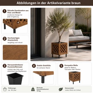 Brauner Akazienholz Pflanzkasten, 42x34x34cm, mit Gittermuster und schwarzen Metallfüßen für Balkon & Garten.